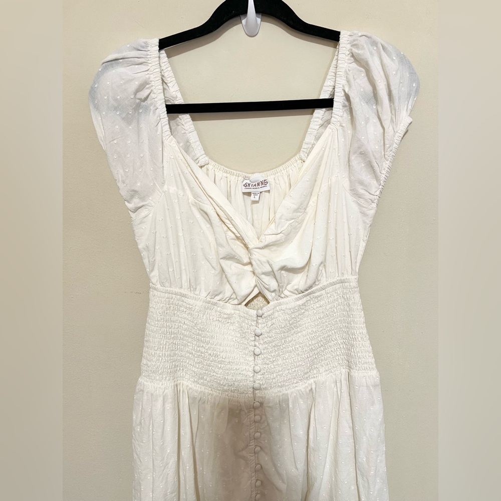 New L SHYANNE Smocked Twist Front Short Sleeve Midi High Low Cotton Cream Dress - Picture 7 of 16